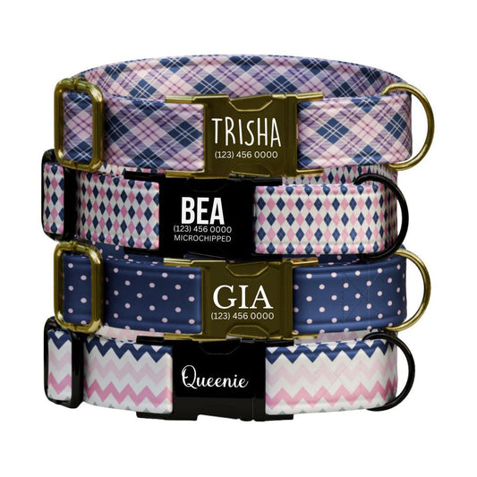 Personalized Plaid Argyle Polka Dot Chevron Patterns for Girls with Name Engraved Adjustable Dog Collar & Leash Set Gift for Dog (OG-259)