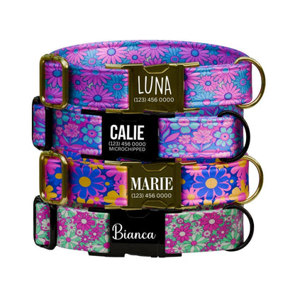 Personalized Floral Dog Collar for Girls with Name Engraved Cute Bright Flower Name ID Adjustable Collar & Leash Set Gift for Dog (OG-260)