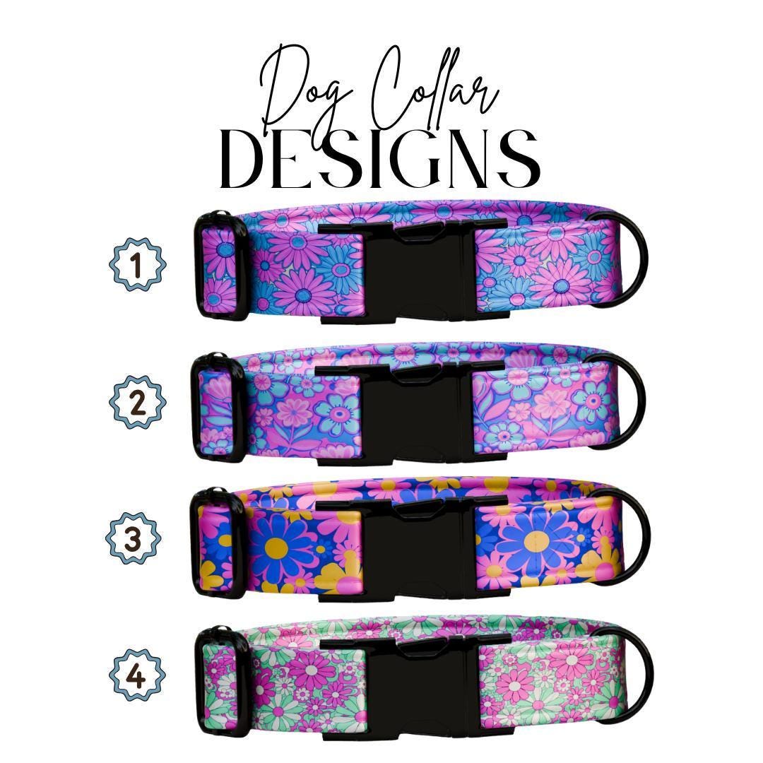 Personalized Floral Dog Collar for Girls with Name Engraved Cute Bright Flower Name ID Adjustable Collar & Leash Set Gift for Dog (OG-260)
