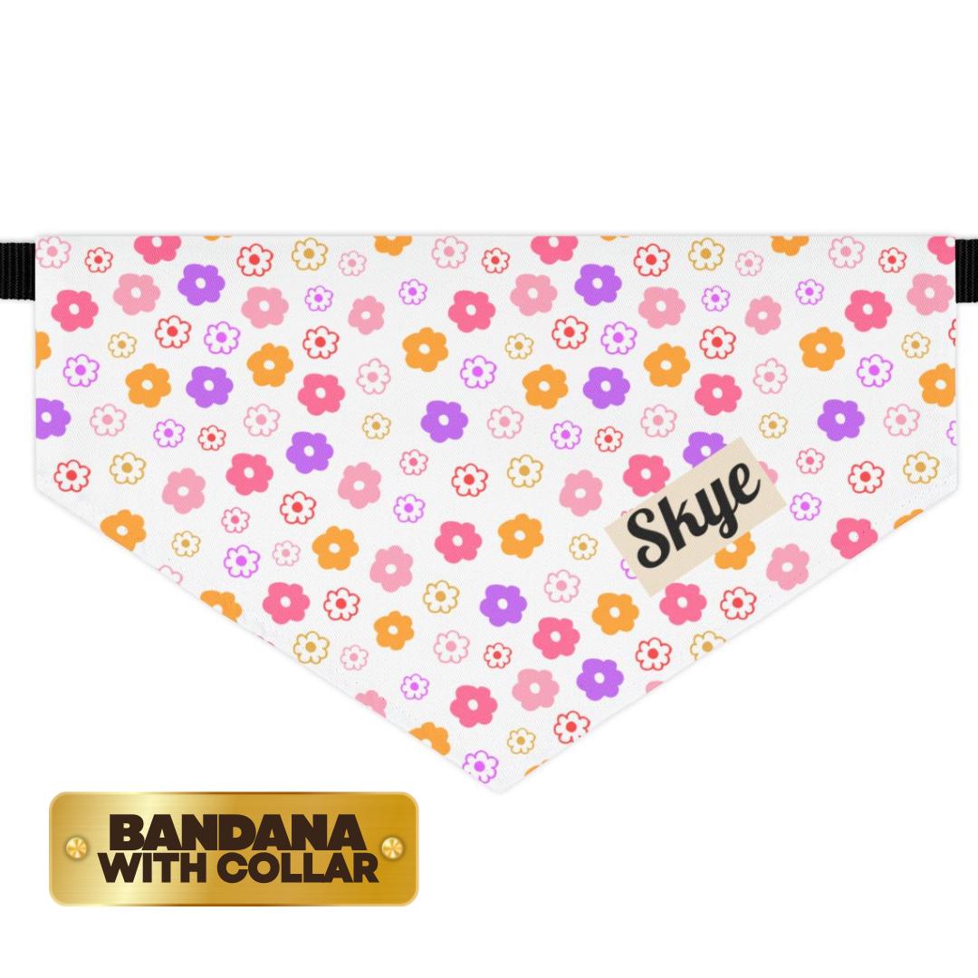 Personalized Colorful Flower Pet Bandana Collar Custom Name Bandana Adjustable Built-In Collar for Dogs & Cats Spring Floral Pet Accessory