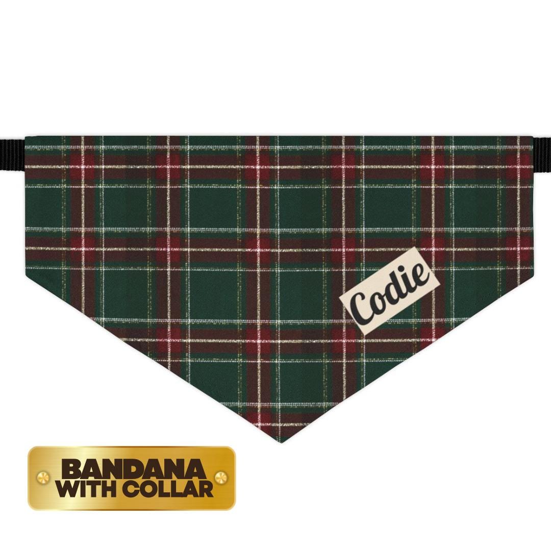 Personalized Red Green Plaid Pet Bandana Built-In Collar Custom Dog & Cat Name Bandana Cozy Tartan Check Style for Pets Great for Christmas