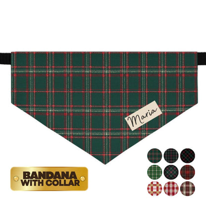 Personalized Red Green Christmas Plaid Pet Bandana Built-In Adjustable Collar for Dogs & Cats Custom Name Pet Bandana Gift for Pet Lovers