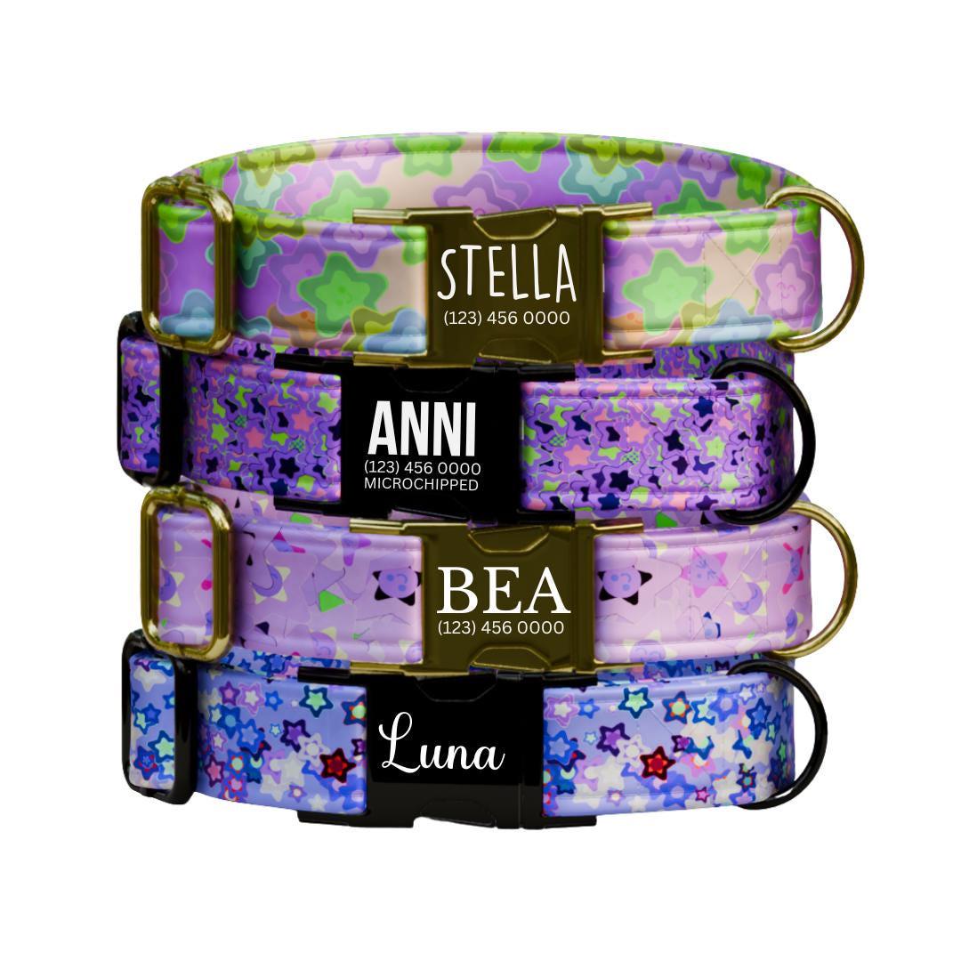 Personalized Magical Starburst Dog Collar Custom Name Tag Cute Star Design Dog Collar with Metal Buckle & Adjustable Fit Dog ID Tag (OG-290)