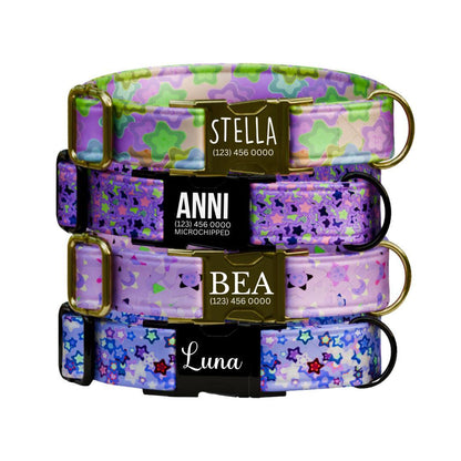 Personalized Magical Starburst Dog Collar Custom Name Tag Cute Star Design Dog Collar with Metal Buckle & Adjustable Fit Dog ID Tag (OG-290)