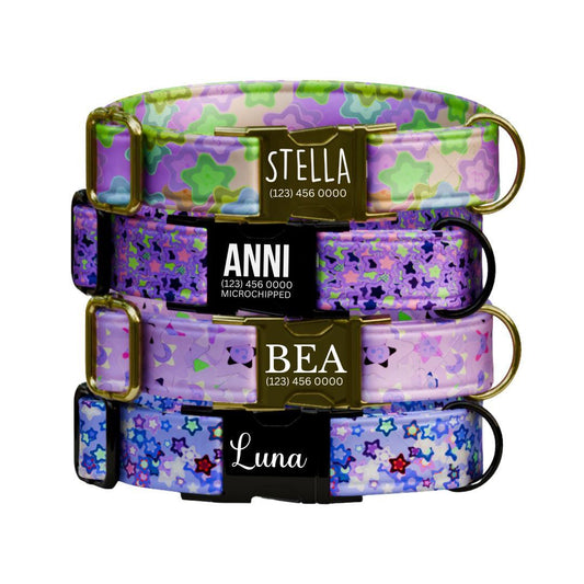 Personalized Magical Starburst Dog Collar Custom Name Tag Cute Star Design Dog Collar with Metal Buckle & Adjustable Fit Dog ID Tag (OG-290)