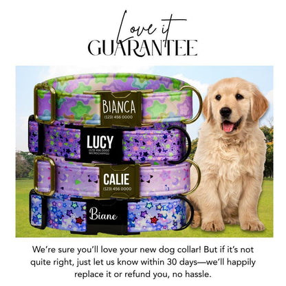 Personalized Magical Starburst Dog Collar Custom Name Tag Cute Star Design Dog Collar with Metal Buckle & Adjustable Fit Dog ID Tag (OG-290)
