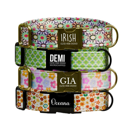 Personalized Floral Dog Collar for Girls with Name Engraved Cute Bright Flower Name ID Adjustable Collar & Leash Set Gift for Dog (OG-276)