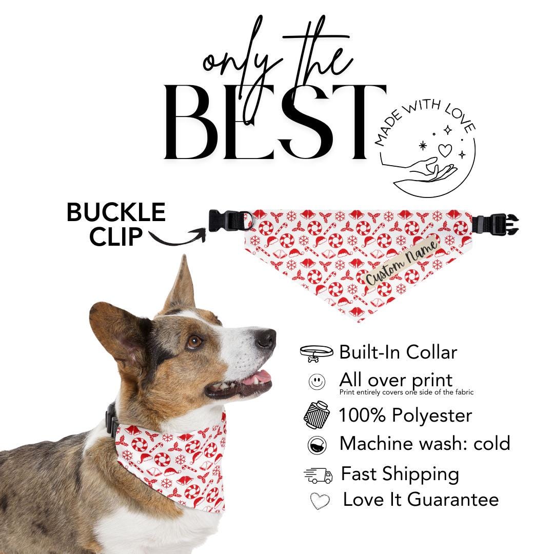 Personalized Christmas Pet Bandana Built-In Collar Custom Name Pet Scarf Adjustable Festive & Cute Holiday Design Soft Polyester Dog Bandana