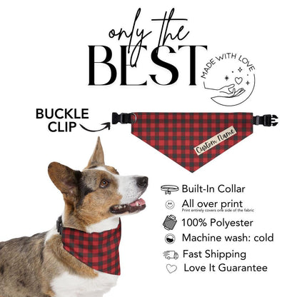 Personalized Christmas Plaid Pet Bandana Built-In Collar Custom Name Pet Scarf Adjustable Cozy Holiday Bandana Gift For Pets Holiday Photos