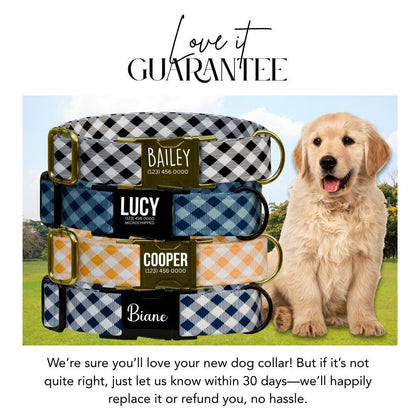 Personalized Gingham Dog Collar with Name Engraved Cute and Soft Adjustable Collar & Leash Set Plaid Dog Collar Gift for Dog Lovers (OG-155)