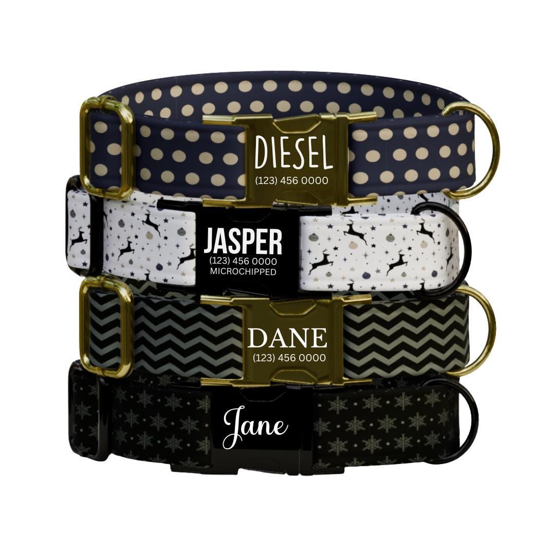 Personalized Black & Gold Dog Collar Custom Name Tag Holiday Dog Collar Polka Dot Reindeer Chevron Snowflake Patterns Gift for Dogs (OG-239)
