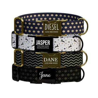 Personalized Black & Gold Dog Collar Custom Name Tag Holiday Dog Collar Polka Dot Reindeer Chevron Snowflake Patterns Gift for Dogs (OG-239)