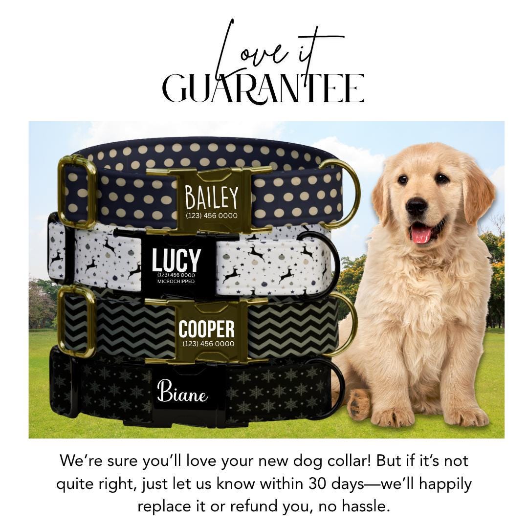 Personalized Black & Gold Dog Collar Custom Name Tag Holiday Dog Collar Polka Dot Reindeer Chevron Snowflake Patterns Gift for Dogs (OG-239)