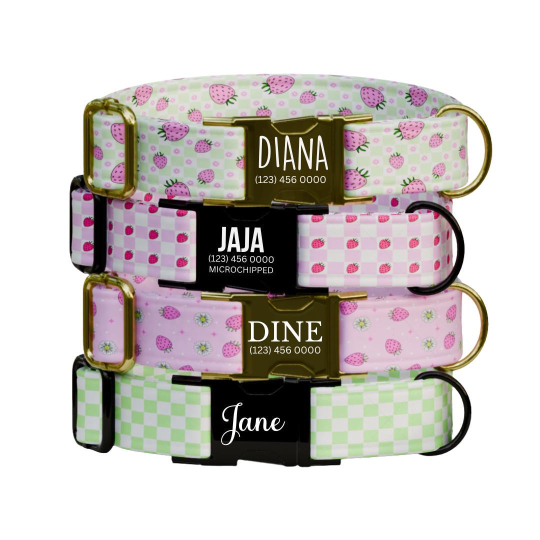 Personalized Strawberry Checkered Dog Collar with Name Engraved Custom Pet Name ID Collar for Dog Collar & Leash Set Pink Dog Gift (OG-192)