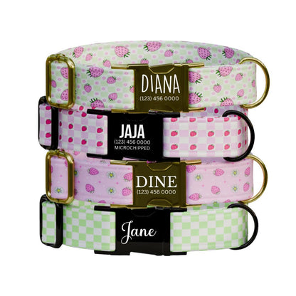 Personalized Strawberry Checkered Dog Collar with Name Engraved Custom Pet Name ID Collar for Dog Collar & Leash Set Pink Dog Gift (OG-192)