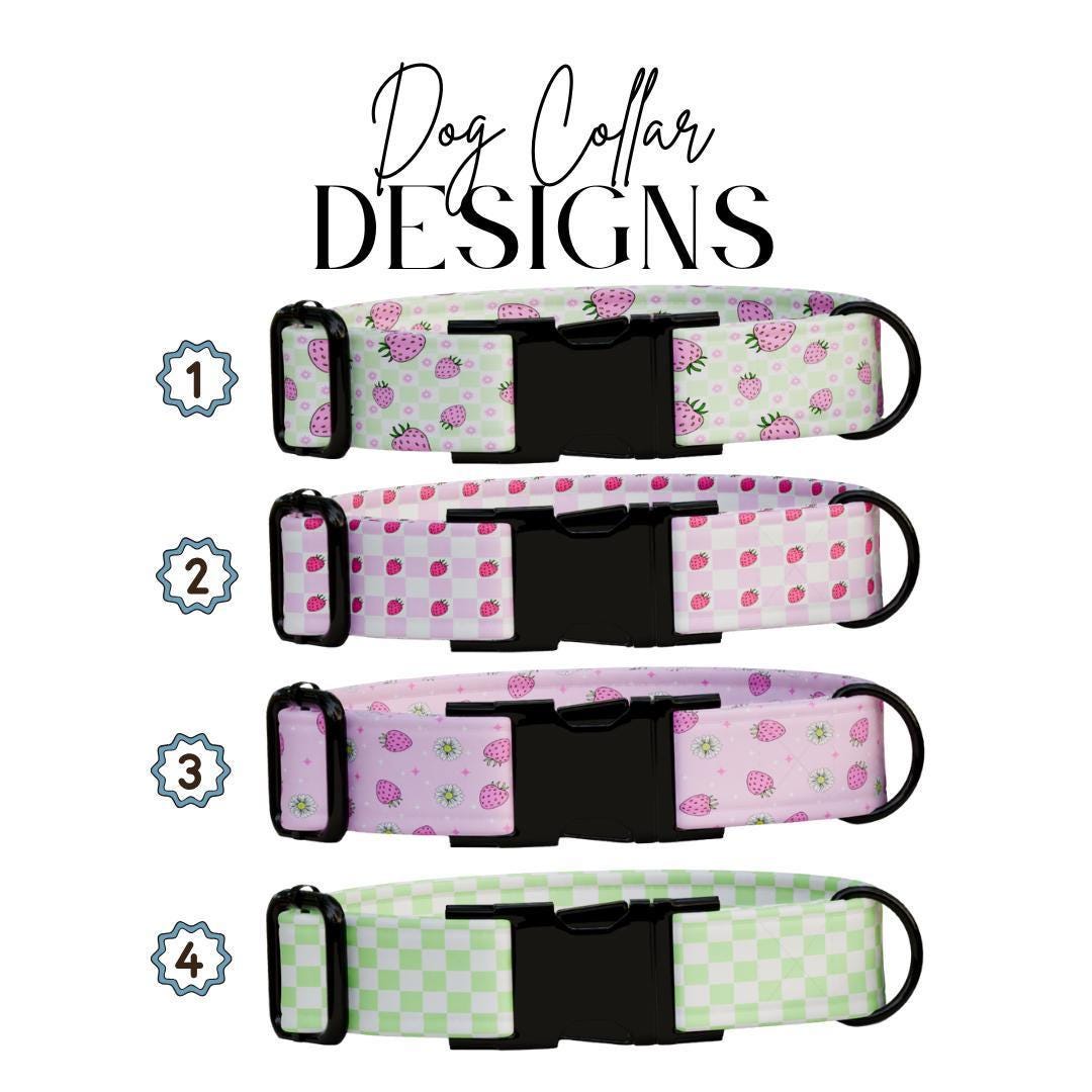 Personalized Strawberry Checkered Dog Collar with Name Engraved Custom Pet Name ID Collar for Dog Collar & Leash Set Pink Dog Gift (OG-192)