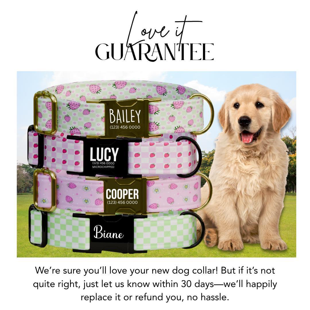 Personalized Strawberry Checkered Dog Collar with Name Engraved Custom Pet Name ID Collar for Dog Collar & Leash Set Pink Dog Gift (OG-192)