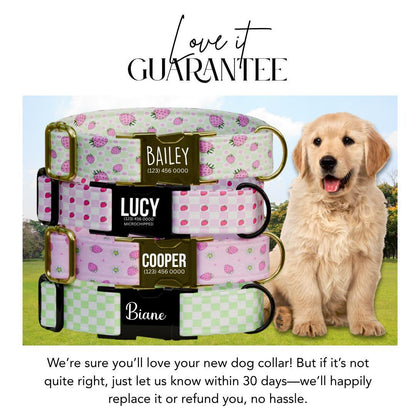 Personalized Strawberry Checkered Dog Collar with Name Engraved Custom Pet Name ID Collar for Dog Collar & Leash Set Pink Dog Gift (OG-192)