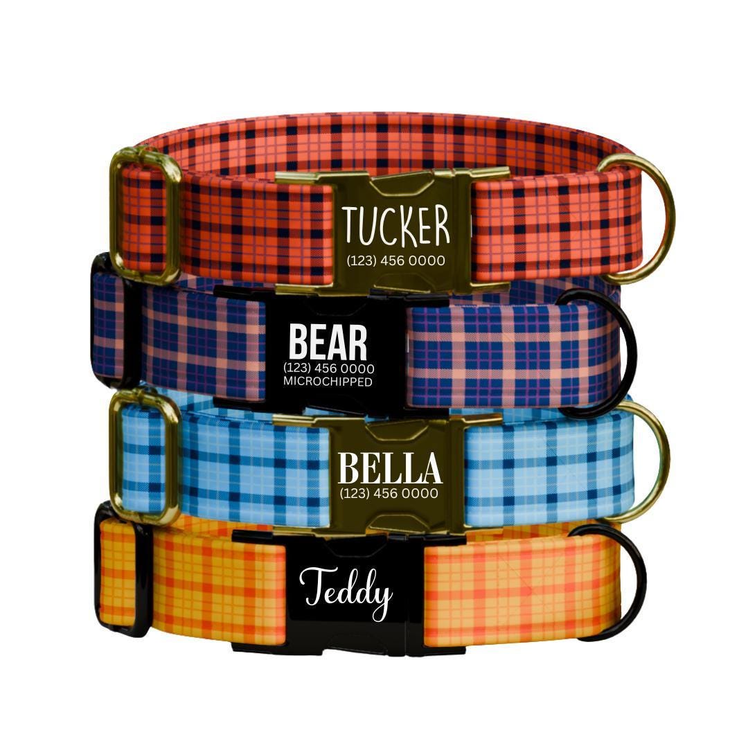 Personalized Plaid Dog Collar with Name Engraved Custom Tag Collar for Pets Collar & Leash Set Plaid Dog Collar Gift for Dog Lovers (OG-163)