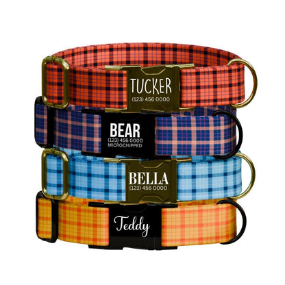 Personalized Plaid Dog Collar with Name Engraved Custom Tag Collar for Pets Collar & Leash Set Plaid Dog Collar Gift for Dog Lovers (OG-163)