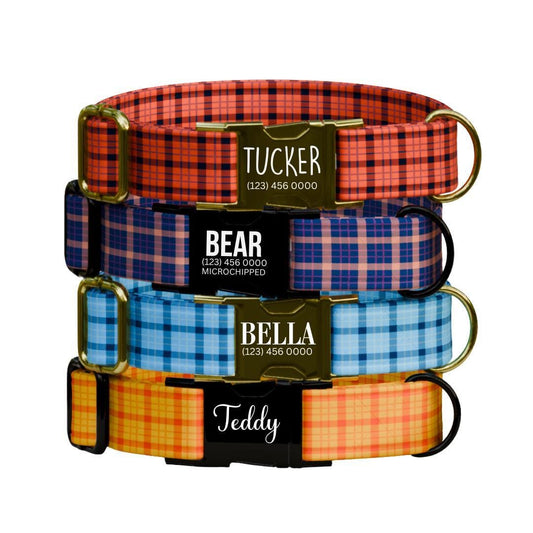 Personalized Plaid Dog Collar with Name Engraved Custom Tag Collar for Pets Collar & Leash Set Plaid Dog Collar Gift for Dog Lovers (OG-163)