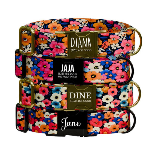 Personalized Bright Floral Dog Collar for Girls with Name Engraved Cute Flower Name ID Adjustable Collar & Leash Set Gift for Dogs (OG-203)