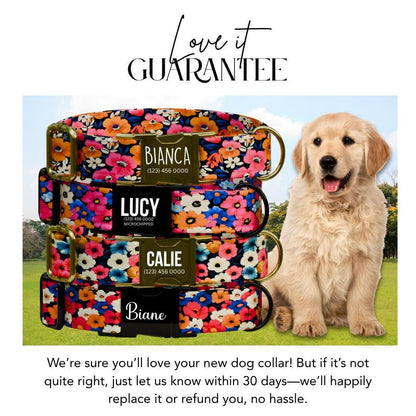 Personalized Bright Floral Dog Collar for Girls with Name Engraved Cute Flower Name ID Adjustable Collar & Leash Set Gift for Dogs (OG-203)
