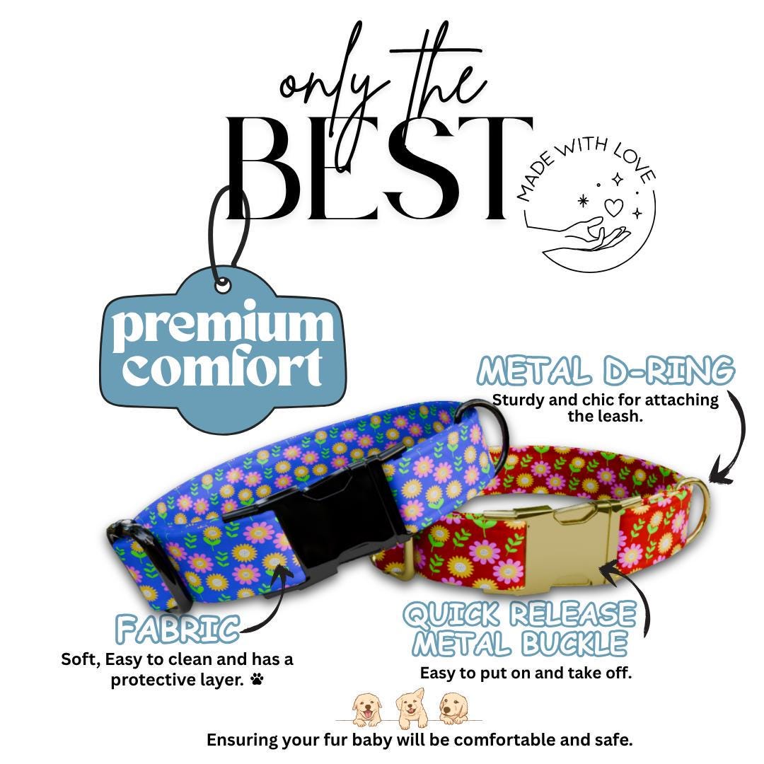 Personalized Floral Dog Collar for Girls with Name Engraved Cute Flower Pattern Name ID Adjustable Collar & Leash Set Gift for Dog (OG-202)