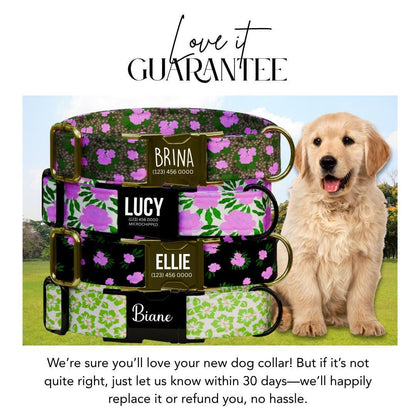 Personalized Floral Dog Collar for Girls with Name Engraved Cute and Soft Tropical Leaf Adjustable Collar & Leash Set Gift for Dog (OG-201)