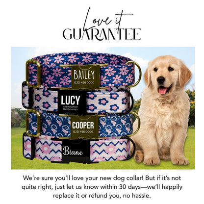 Personalized Floral Dog Collar for Girls with Name Engraved Cute Bright Flower Name ID Adjustable Collar & Leash Set Gift for Dog (OG-255)