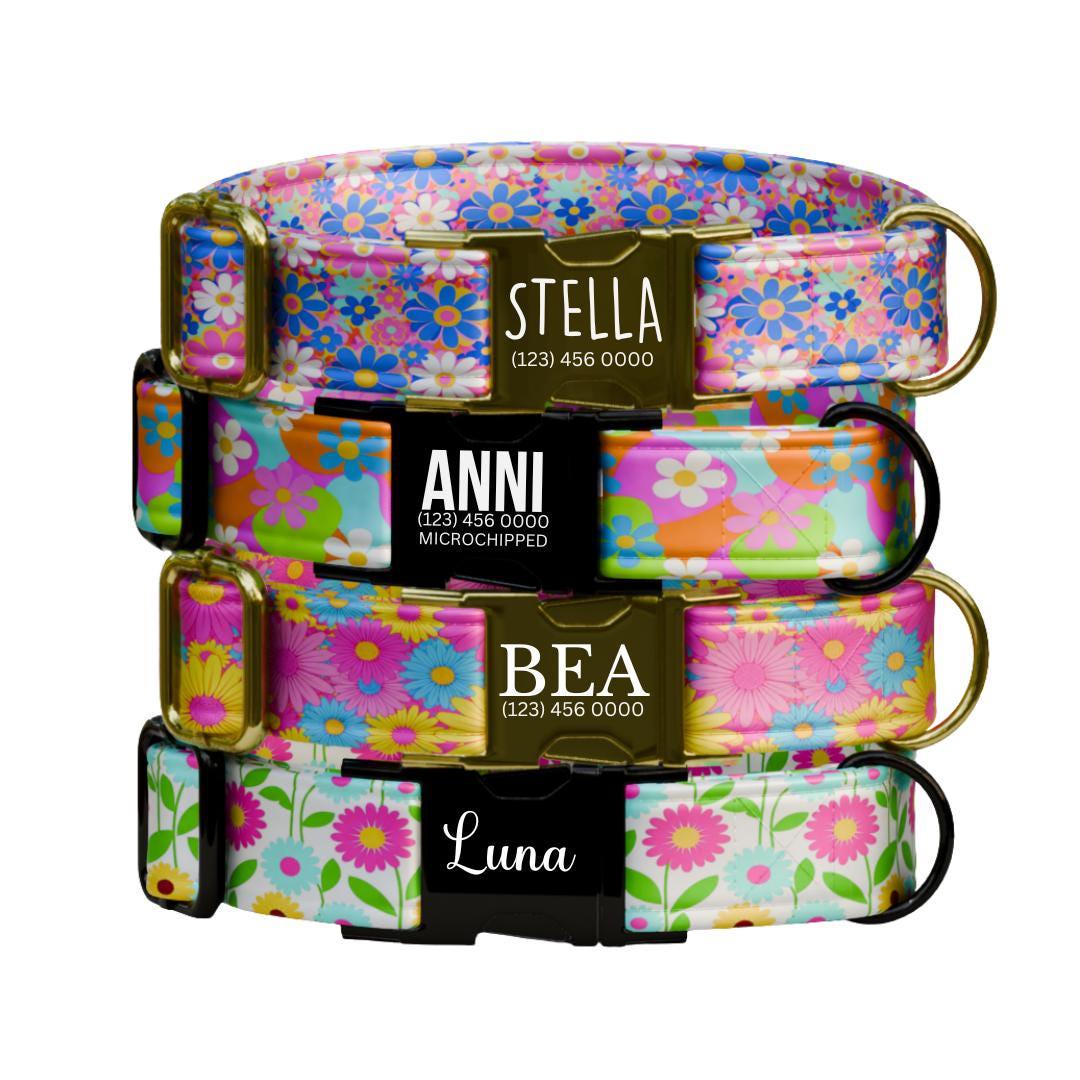 Personalized Color Bloom Dog Collar for Girls with Name Engraved Spring Flower Name ID Adjustable Collar & Leash Set Gift for Dog (OG-256)
