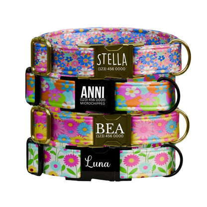 Personalized Color Bloom Dog Collar for Girls with Name Engraved Spring Flower Name ID Adjustable Collar & Leash Set Gift for Dog (OG-256)