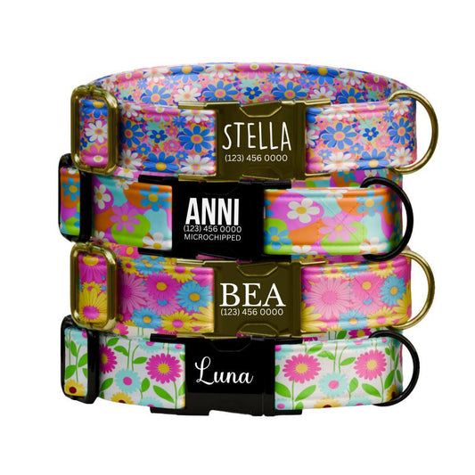 Personalized Color Bloom Dog Collar for Girls with Name Engraved Spring Flower Name ID Adjustable Collar & Leash Set Gift for Dog (OG-256)