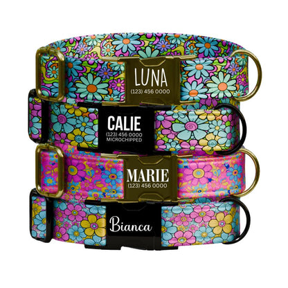 Personalized Retro Bloom Dog Collar for Girls with Name Engraved Colorful Flower Name ID Adjustable Collar & Leash Set Gift for Dog (OG-257)
