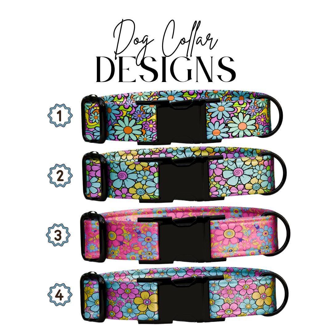 Personalized Retro Bloom Dog Collar for Girls with Name Engraved Colorful Flower Name ID Adjustable Collar & Leash Set Gift for Dog (OG-257)