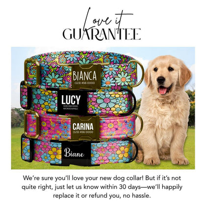 Personalized Retro Bloom Dog Collar for Girls with Name Engraved Colorful Flower Name ID Adjustable Collar & Leash Set Gift for Dog (OG-257)