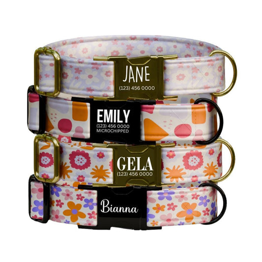 Personalized Floral Dog Collar for Girls with Name Engraved Cute Retro-Inspired Name ID Adjustable Collar & Leash Set Gift for Dog (OG-253)