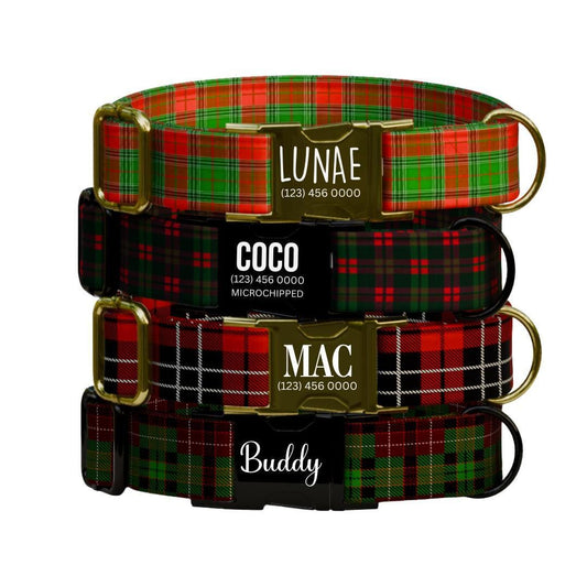 Personalized Festive Plaid Dog Collar with Name Engraved Custom Pet Name ID Collar for Pet Collar & Leash Set Cozy Plaid Dog Collar (OG-189)