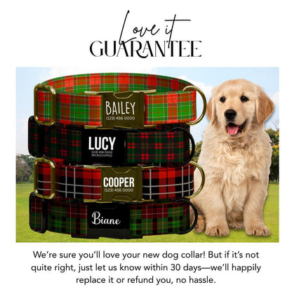 Personalized Festive Plaid Dog Collar with Name Engraved Custom Pet Name ID Collar for Pet Collar & Leash Set Cozy Plaid Dog Collar (OG-189)