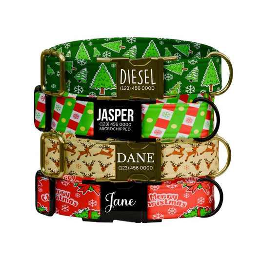 Personalized Christmas Dog Collar Custom Engraved  Name Holiday Pet Collar Durable Metal Buckle & D-Ring Adjustable Collar for Dogs (OG-233)