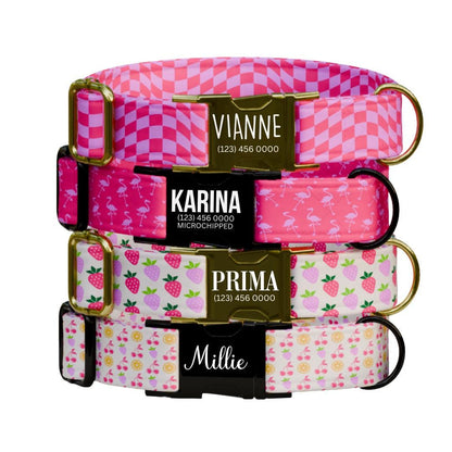 Personalized Pink Pattern Dog Collar for Girls with Name Engraved Cute and Soft Fruit Adjustable Collar & Leash Set Pink Dog Gift (OG-199)