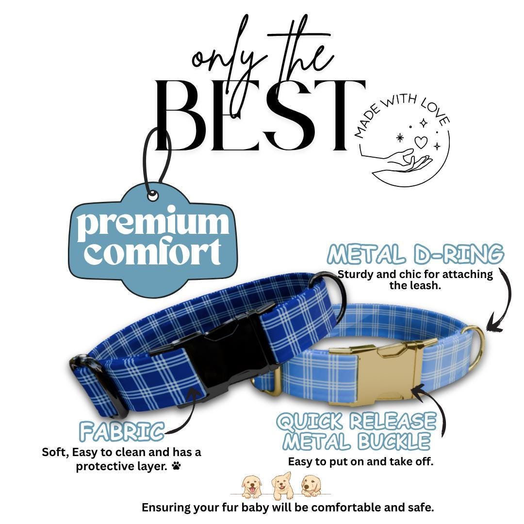 Personalized Blue Plaid Dog Collar with Name Engraved Durable Metal Buckle & D-Ring Cute Tag Classic Plaid Pattern Collar For Dogs (OG-270)