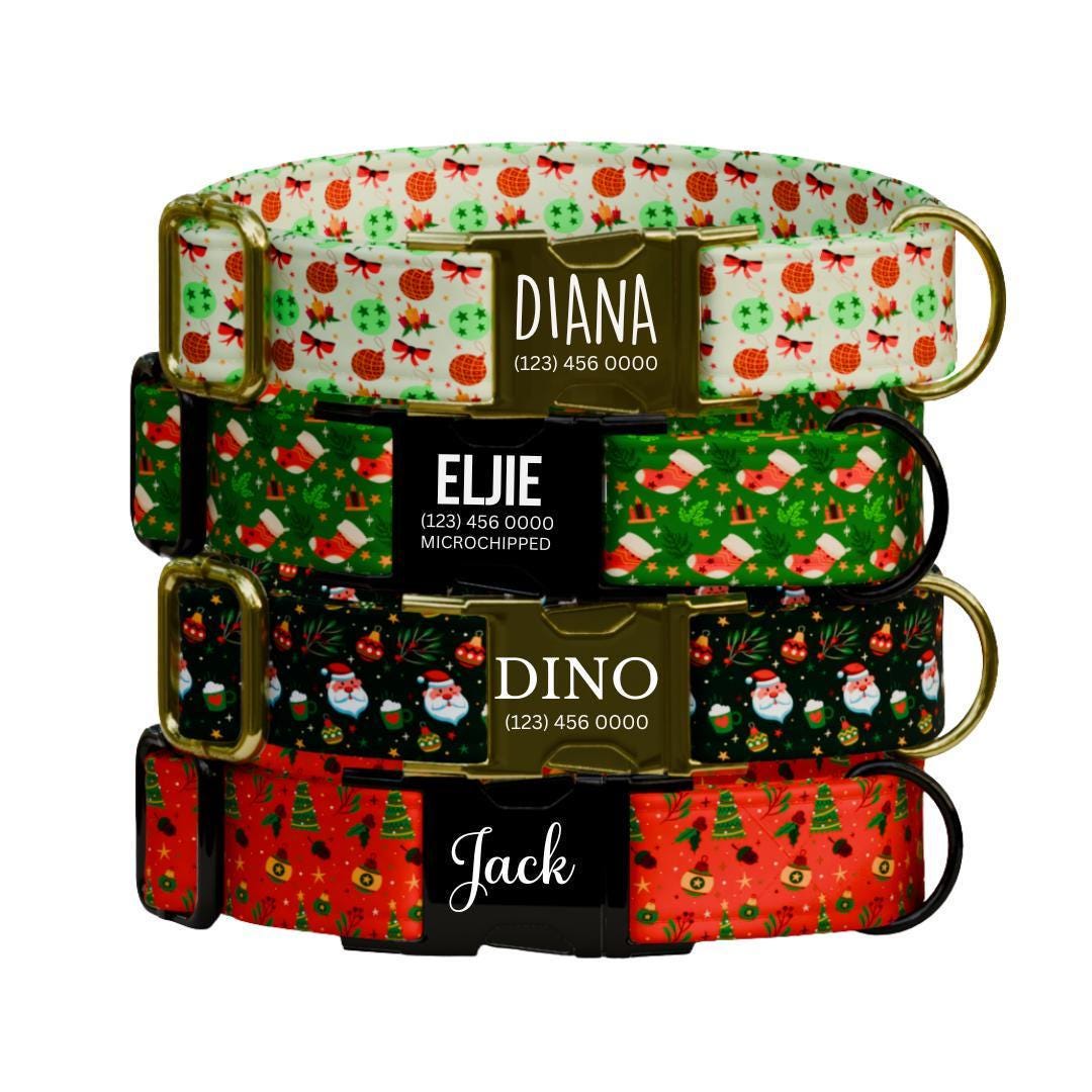 Personalized Christmas Dog Collar Custom Name Tag & Metal Buckle Festive Holiday Pet Collar for Dogs Christmas Leash Gift for Dogs (OG-234)