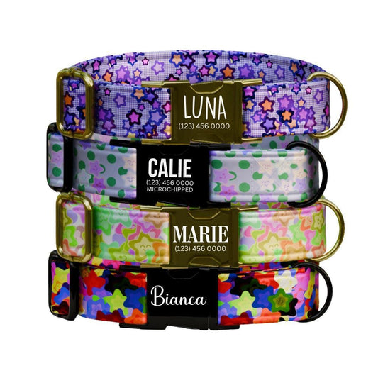 Personalized Starry Nights Dog Collar Custom Name Tag Cute Colorful Design Dog Collar with Metal Buckle & Adjustable Fit Dog ID Tag (OG-289)