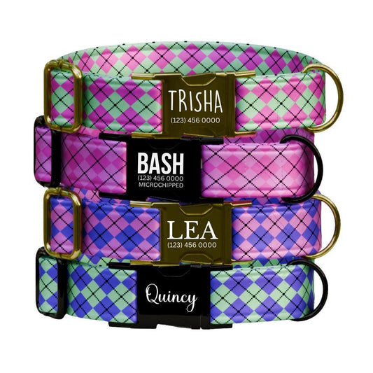 Personalized Argyle Dog Collar Custom Name Tag Cute Pastel Design Dog Collar with Metal Buckle & Adjustable Fit Argyle Dog ID Tag (OG-288)