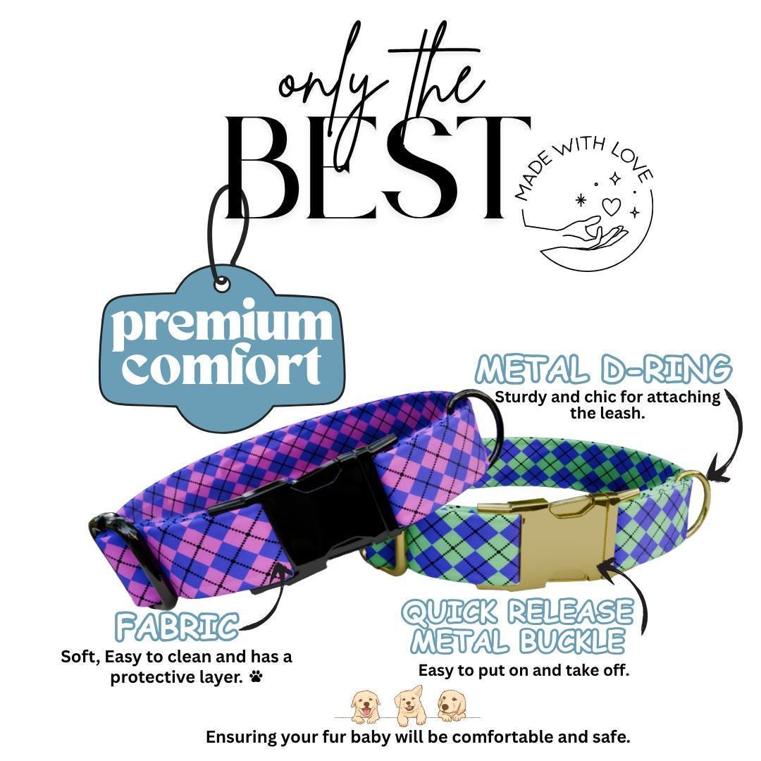 Personalized Argyle Dog Collar Custom Name Tag Cute Pastel Design Dog Collar with Metal Buckle & Adjustable Fit Argyle Dog ID Tag (OG-288)
