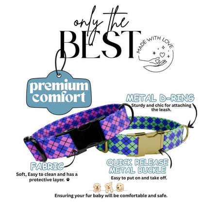 Personalized Argyle Dog Collar Custom Name Tag Cute Pastel Design Dog Collar with Metal Buckle & Adjustable Fit Argyle Dog ID Tag (OG-288)
