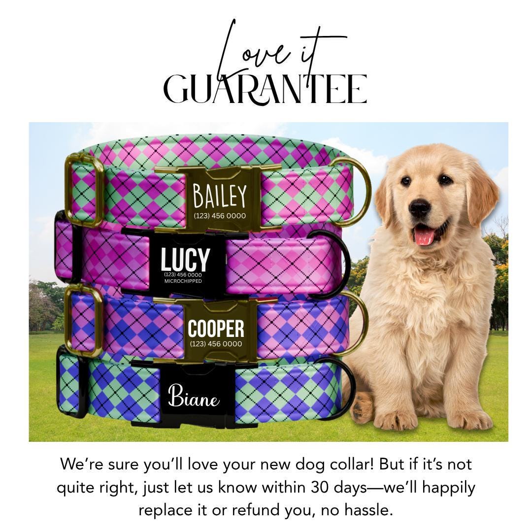Personalized Argyle Dog Collar Custom Name Tag Cute Pastel Design Dog Collar with Metal Buckle & Adjustable Fit Argyle Dog ID Tag (OG-288)
