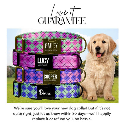 Personalized Argyle Dog Collar Custom Name Tag Cute Pastel Design Dog Collar with Metal Buckle & Adjustable Fit Argyle Dog ID Tag (OG-288)