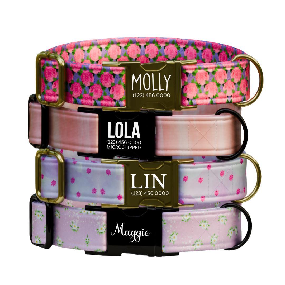 Personalized Floral Dog Collar for Girls with Name Engraved Cute Stylish Flower Print Tag Collar Dogs Adjustable Collar & Leash Set (OG-275)
